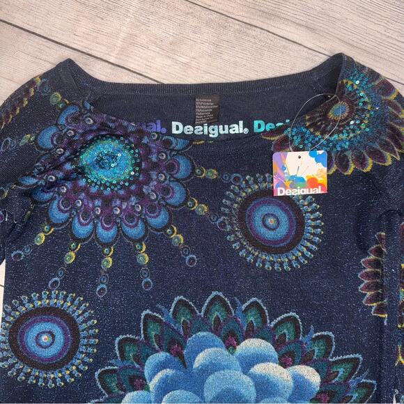 Desigual NWT Women's Lucke Knit Pullover Top Blue Floral Sparkle Size Small - Picture 7 of 10